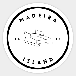 Madeira Island 1419 logo with the traditional toboggan ride/carro de cesto in black & white Sticker